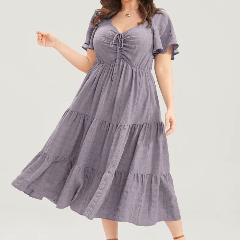 Plain Ruched Drawstring Pocket Ruffle Tiered Dress - Picture 4 of 7